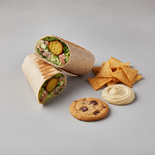 Vegan Falafel Wrap Lunch with Pita Chips, Hummus, and a Chocolate Chip Cookie