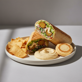 Vegan Falafel Wrap Lunch with Pita Chips, Hummus, and a Sugar Cookie