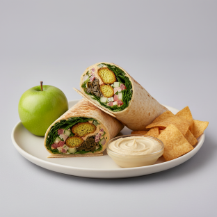 Veggie Lover Wrap Lunch with Pita Chips, Hummus, and a Green Apple