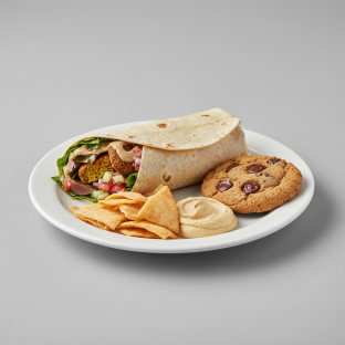 Veggie Lover Wrap Lunch with Pita Chips, Hummus, and a Chocolate Chip Cookie