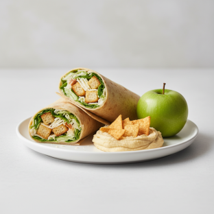 Caesar Wrap Lunch with Pita Chips, Hummus, and a Green Apple