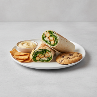 Caesar Wrap Lunch with Pita Chips, Hummus, and a Chocolate Chip Cookie