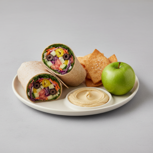 Greek Wrap Lunch with Pita Chips, Hummus, and a Green Apple