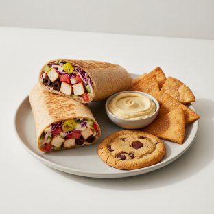 Greek Wrap Lunch with Pita Chips, Hummus, and a Chocolate Chip Cookie
