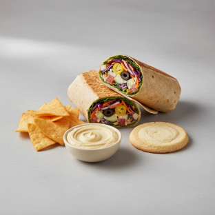 Greek Wrap Lunch with Pita Chips, Hummus, and a Sugar Cookie