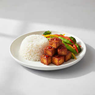 Spicy Tofu Teriyaki With White Rice and Veggies