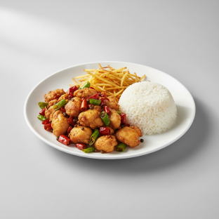 Chicken with Red and Green Pepper | Sauteed Shredded Potato | Rice Chicken with Red and Green Pepper | Sauteed Shredded Potato | Rice