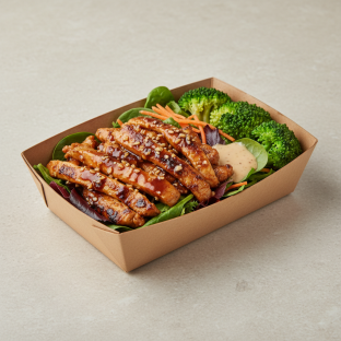 Gluten Free Garlic Chicken Bulgogi Boxed Lunch Over Mixed Greens with Sesame Ginger Dressing Gluten Free Garlic Chicken Bulgogi Boxed Lunch Over Mixed Greens with Sesame Ginger Dressing