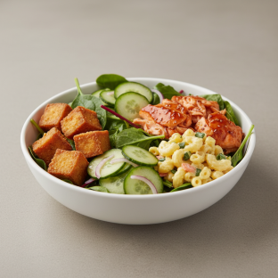 Sweet Fried Tofu and Honey Sriracha Salmon Salad Bowl