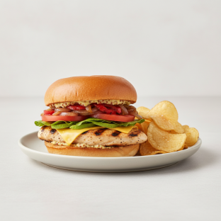 Brioche Bun Grilled Chicken Breast Sandwich with House-Made Chips Brioche Bun Grilled Chicken Breast Sandwich with House-Made Chips