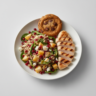 Pear Pomegranite Quinoa Salad With Grilled Chicken and Chocolate Chip Cookie