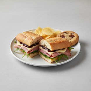 Prosciutto, Fig and Brie Sandwich With Potato Chips and Chocolate Chip Cookie