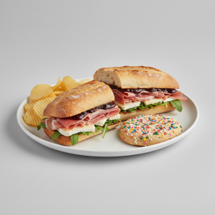 Prosciutto, Fig and Brie Sandwich With Potato Chips and Sprinkle Sugar Cookie