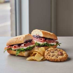 Prosciutto, Fig and Brie Sandwich With Potato Chips and Cowboy Cookie