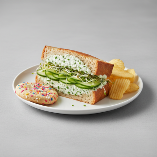 Cucumber Cream Cheese Sandwich With Potato Chips and Sprinkle Sugar Cookie