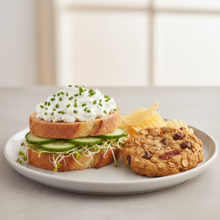Cucumber Cream Cheese Sandwich With Potato Chips and Cowboy Cookie