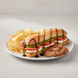 Caprese Sandwich With Potato Chips and Chocolate Chip Cookie