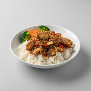 Stir-fried clams with chili paste over rice