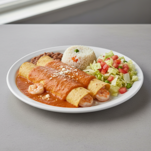 [NO GARLIC, ONIONS / ALLIUM] Shrimp Enchiladas Plate With Rice, Beans, Lettuce and Tomato