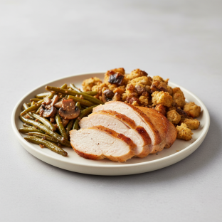 Roasted Turkey with Roasted Green Beans and Brown Butter Mushroom Stuffing