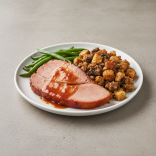 Bourbon Glazed Ham with Roasted Green Beans and Brown Butter Mushroom Stuffing
