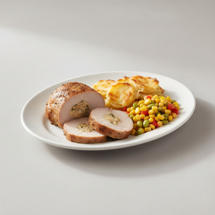 Stuffed Pork Loin with Three Cheese Scalloped Potatoes and Corn Succotash