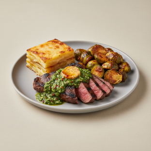Churrasco Steak with Chimichurri & Chipotle Butter with Three Cheese Scalloped Potatoes and Gochujang Roasted Brussels Sprouts