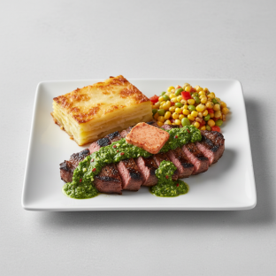 Churrasco Steak with Chimichurri & Chipotle Butter with Three Cheese Scalloped Potatoes and Corn Succotash