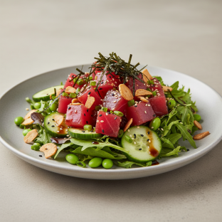 Large Ahi Tuna over Salad with Cucumber, Edamame, Cilantro, Green Onion, Sesame Seeds, Shredded Nori, and Garlic Crisps