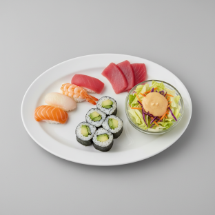 Assorted Nigiri and Sashimi, Avo Maki with house Salad