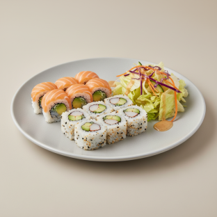 Salmon Avo Roll and Cali Roll with House Salad