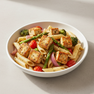 Tofu & Roasted Veggie Penne Pasta with a Garlic Herb Sauce