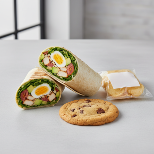 California Cobb Wrap with a Bag of Chips and a Chocolate Chip Cookie