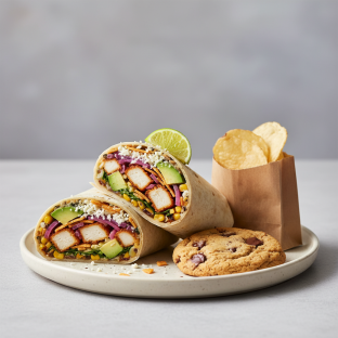 Crispy Chicken Poblano Wrap with a Bag of Chips and a Chocolate Chip Cookie