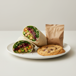 Plant Power Wrap with a Bag of Chips and a Chocolate Chip Cookie