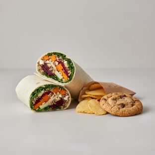 Earth Bowl Wrap with a Bag of Chips and a Chocolate Chip Cookie