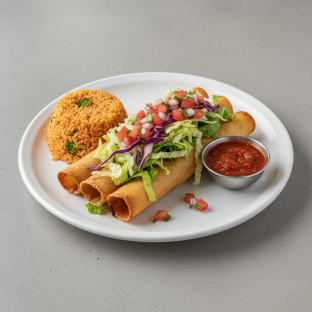 Potato Flautas Plate with Vegan Spanish Rice & House Salsa (NO CHEESE) Potato Flautas Plate with Vegan Spanish Rice & House Salsa (NO CHEESE)