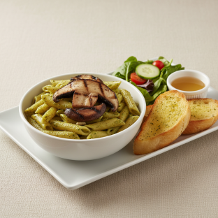 Penne Pesto With Grilled Portobello With a House Salad and Garlic Bread Penne Pesto With Grilled Portobello With a House Salad and Garlic Bread