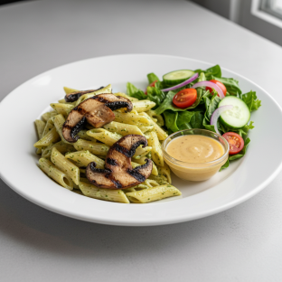 Gluten Free Penne Pesto With Grilled Portobello With a House Salad Gluten Free Penne Pesto With Grilled Portobello With a House Salad