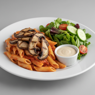 Vegan Gluten Free Penne Marinara With Grilled Portobello With a House Salad Vegan Gluten Free Penne Marinara With Grilled Portobello With a House Salad