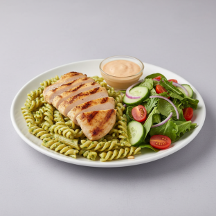 Gluten Free Penne Pesto With Grilled Chicken with a House Salad Gluten Free Penne Pesto With Grilled Chicken with a House Salad