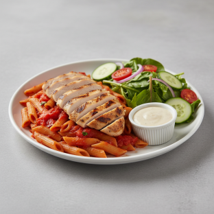 Gluten Free Penne Marinara With Grilled Chicken with a House Salad Gluten Free Penne Marinara With Grilled Chicken with a House Salad