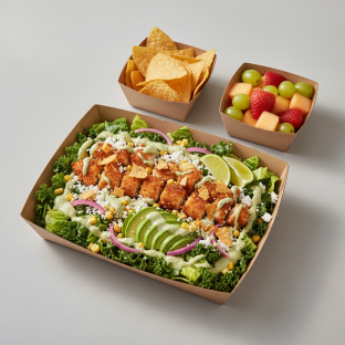 Crispy Chicken Poblano Salad with Chips and Fruit