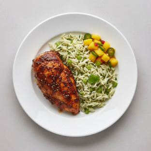 Jerk Chicken with Cilantro Rice and Mango Pineapple Salsa