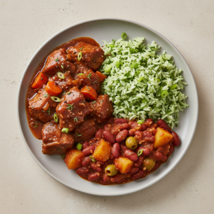 Caribbean Brown Stew Pork with Cilantro Rice and Puerto Rican Beans