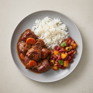 Caribbean Brown Stew Pork with Coconut Rice and Puerto Rican Beans