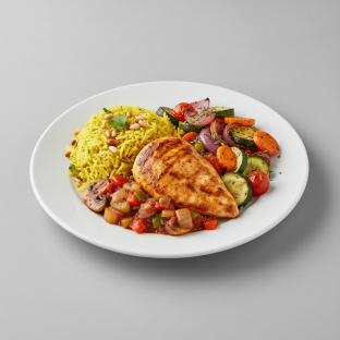 Chicken Cacciatore with Yellow Rice and Roasted Veggies