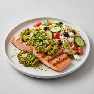 Grilled Salmon Pistachio Pesto with Orzo Pasta Salad