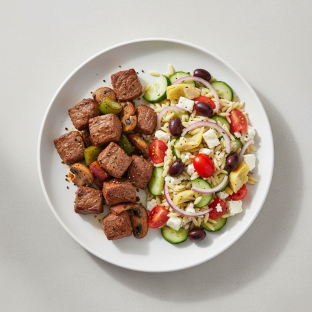 Beef Kabob with Greek Orzo Salad