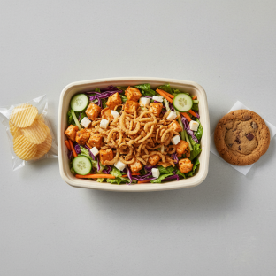 Buffalo Chicken Salad with a Bag of Chips and a Chocolate Chip Cookie